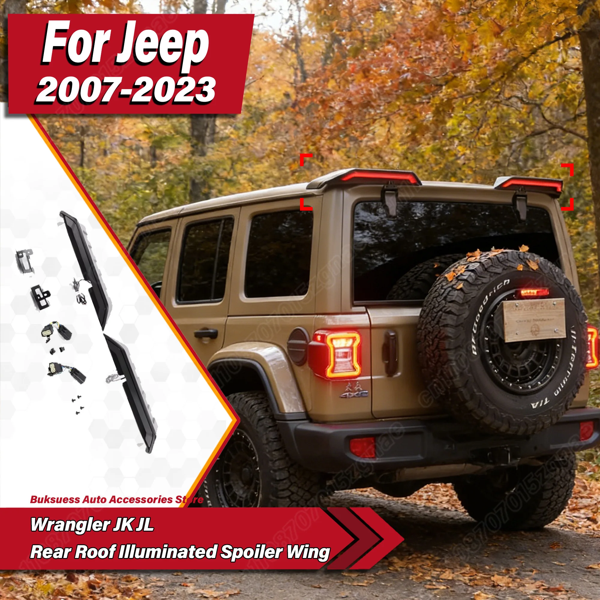 

For Jeep Wrangler JK JL 2007 2008 2009 2010 2011 2012 2013 2014-2017 2018-2023 Car Rear Roof Illuminated Spoiler Wing Body Kit