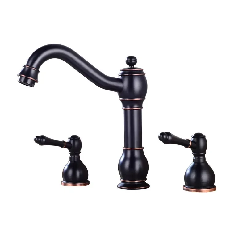 Black ancient nickel brushed three-hole basin hot and cold faucet, bathroom cabinet, bathtub copper faucet three-piece set,