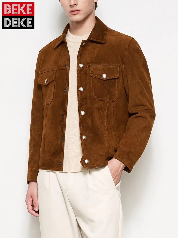 American Male Turn Down Collar Long Sleeves Genuine Leather Jacket Solid Color Sheepskin Single-Breasted Slim Short Outerwear