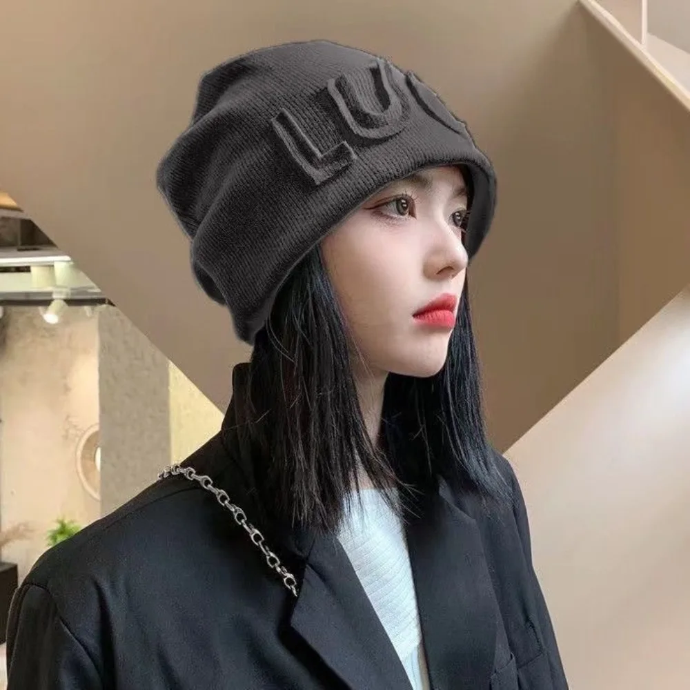 Polyester Fiber Women Beanie Hat Letter Embroidery Korean Japanese Style Slouchy Stack Cap Soft Knit Fabric Pull On Hat