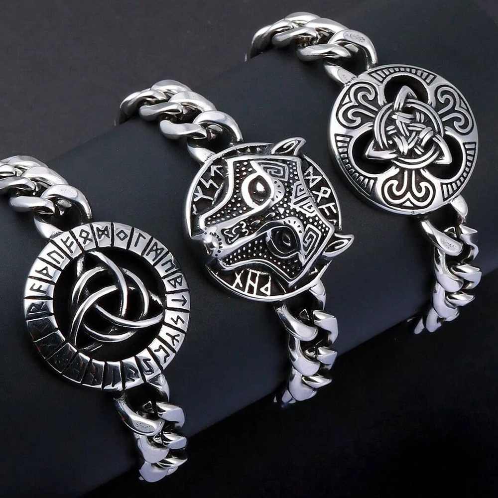 Pulsera Medieval nórdica vikinga runa lobo hombre Acero inoxidable Valknut nudo de bruja brújula pulsera para hombres joyería escandinava