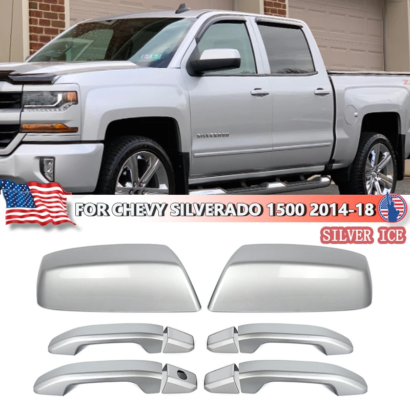 Silver Ice Metatallic Door Handle+Mirror Covers Replace For Chevy Silverado 1500 2014-2018