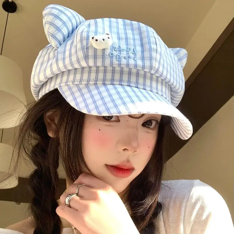 Cute Bear Plaid Ear Octagonal Hat Women Spring Summer Thin Sweet Face Slimming Beret Hat