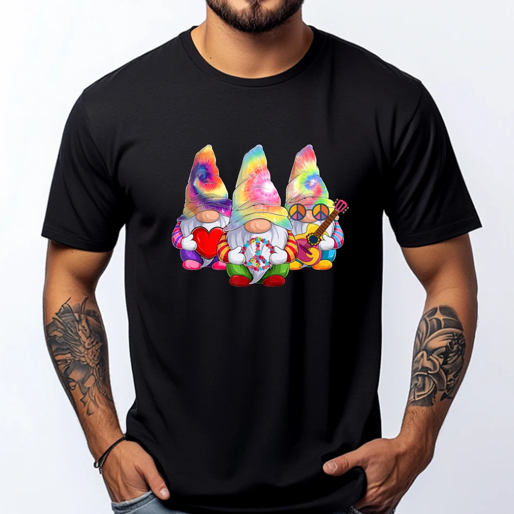 

Three Hippie Gnomes Retro Tie Dye Style a Peace Love Gnomies Men T Shirts High Quality Sale Mother's Day