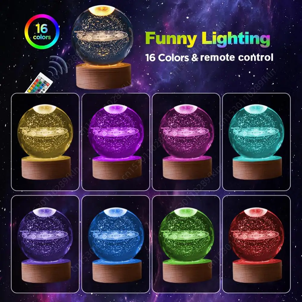 16 Colors Night Light LED Crystal Ball with Remote Control Table Lamp 3D Moon Planet Galaxy Decor for Home Table Lamp Party Toys