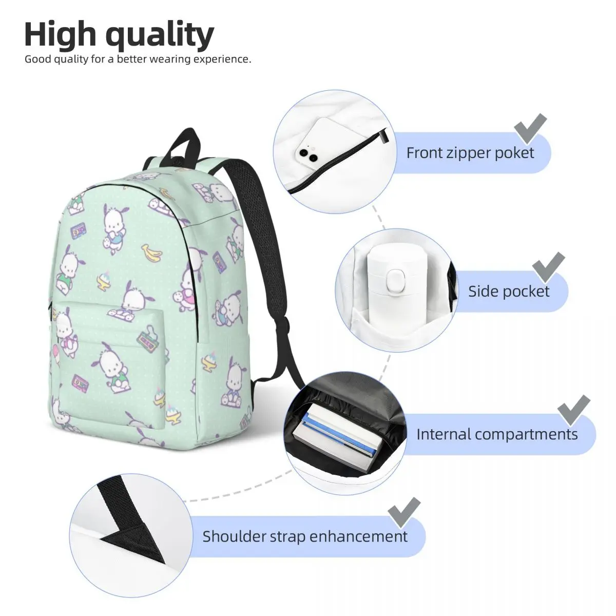 Pochacco-Sac à dos étudiant grande capacité pour filles et garçons, sac à dos léger et étanche, 15 po, 17 po