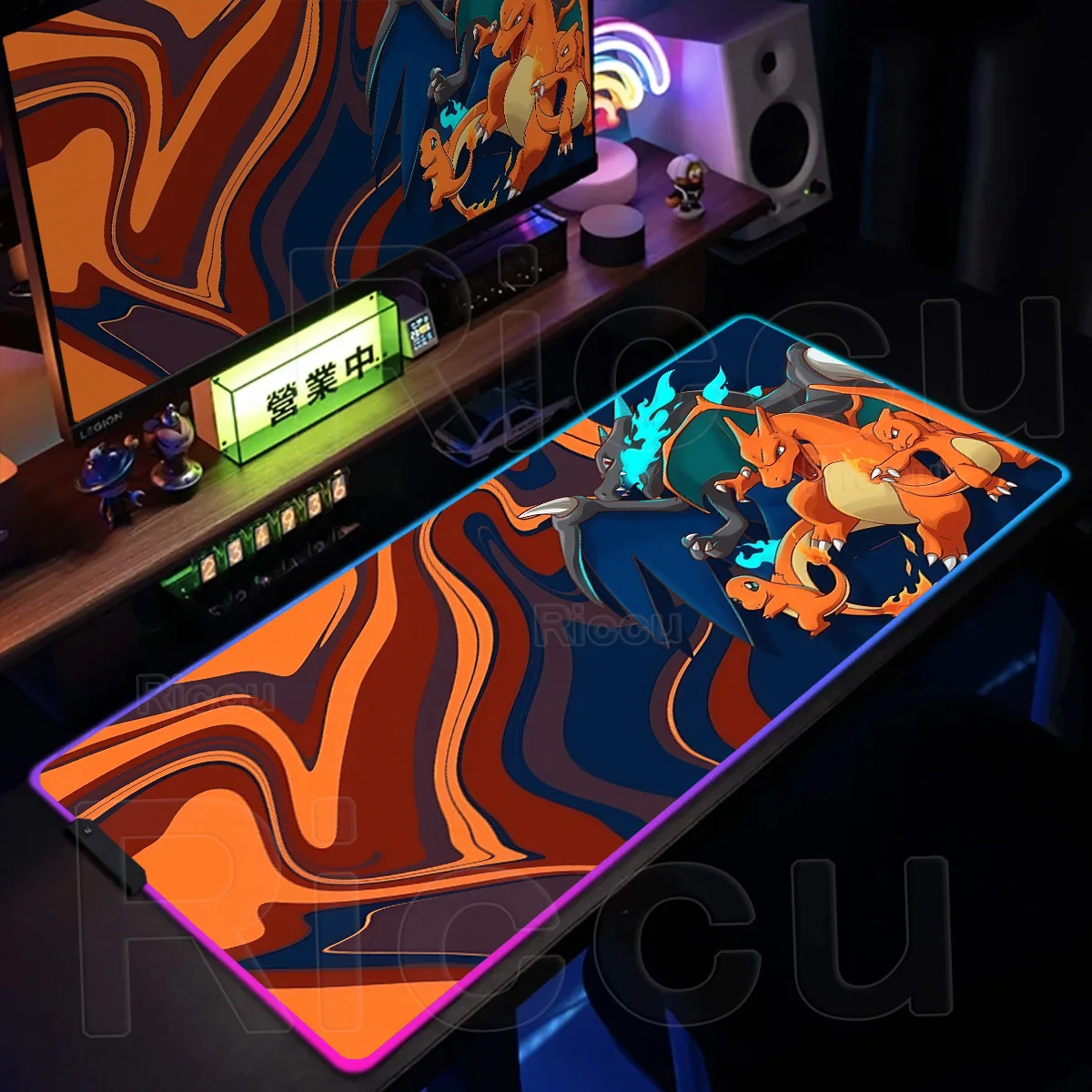 

Большой игровой коврик для мыши XXL RGB P-Pokémon Charizard с LED-подсветкой, нескользящий, милый, резиновый, для ПК-геймеров