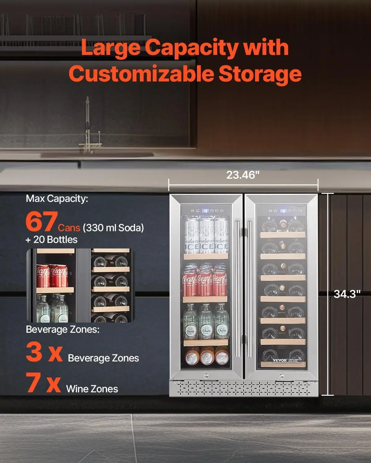 Wine and Beverage Refrigerator 24 in Dual Zone Wine Cooler Built in Freestanding Fridge with Glass Doors Adjustable Shelves