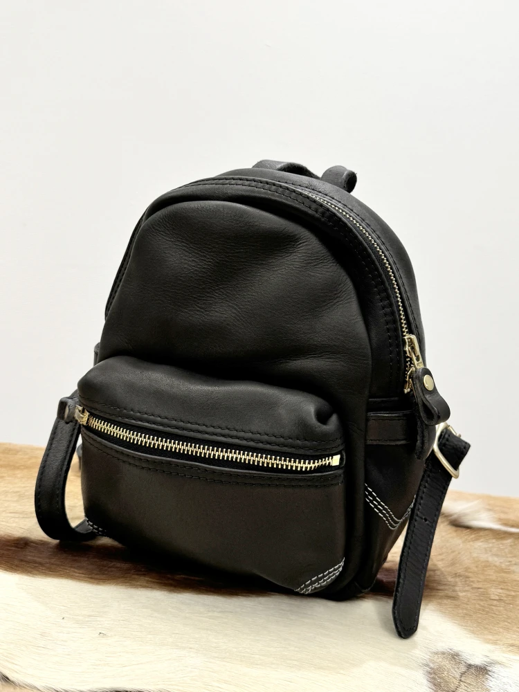 Simple vintage high quality thickened cow leather women's small backpack outdoor travel handmade genuine leather black bookbag
