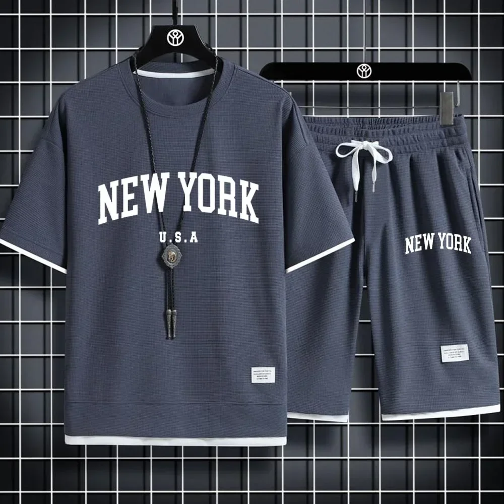 

Gym Outfit Student Short Sleeve T-shirt 2 Piece Set Tracksuits Men Casual Men Clothing Joggers NEW YORK Letter U.S.A Shorts Set