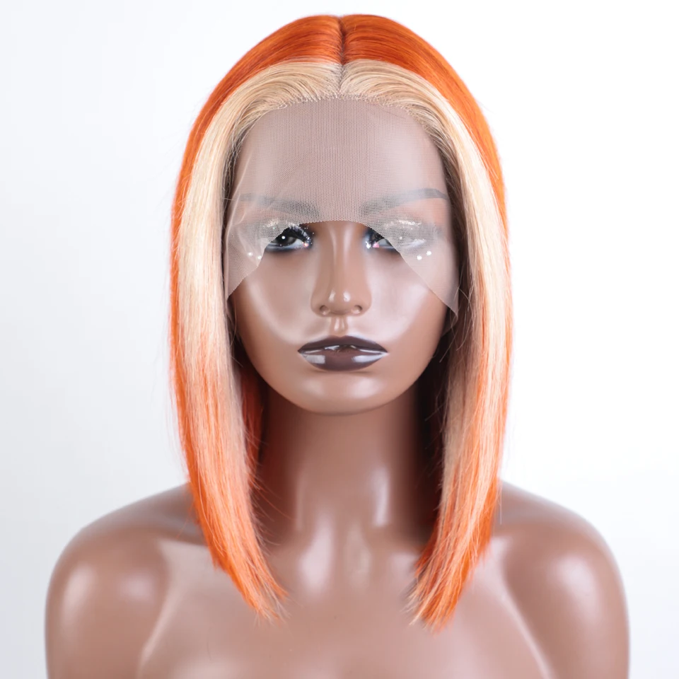 Sleek Short Bob Human Hair Wigs For Women Orange Colored Lace Front Wigs With 613 Blonde Hair Strands 13X6X1 Brazilian Hair Wigs