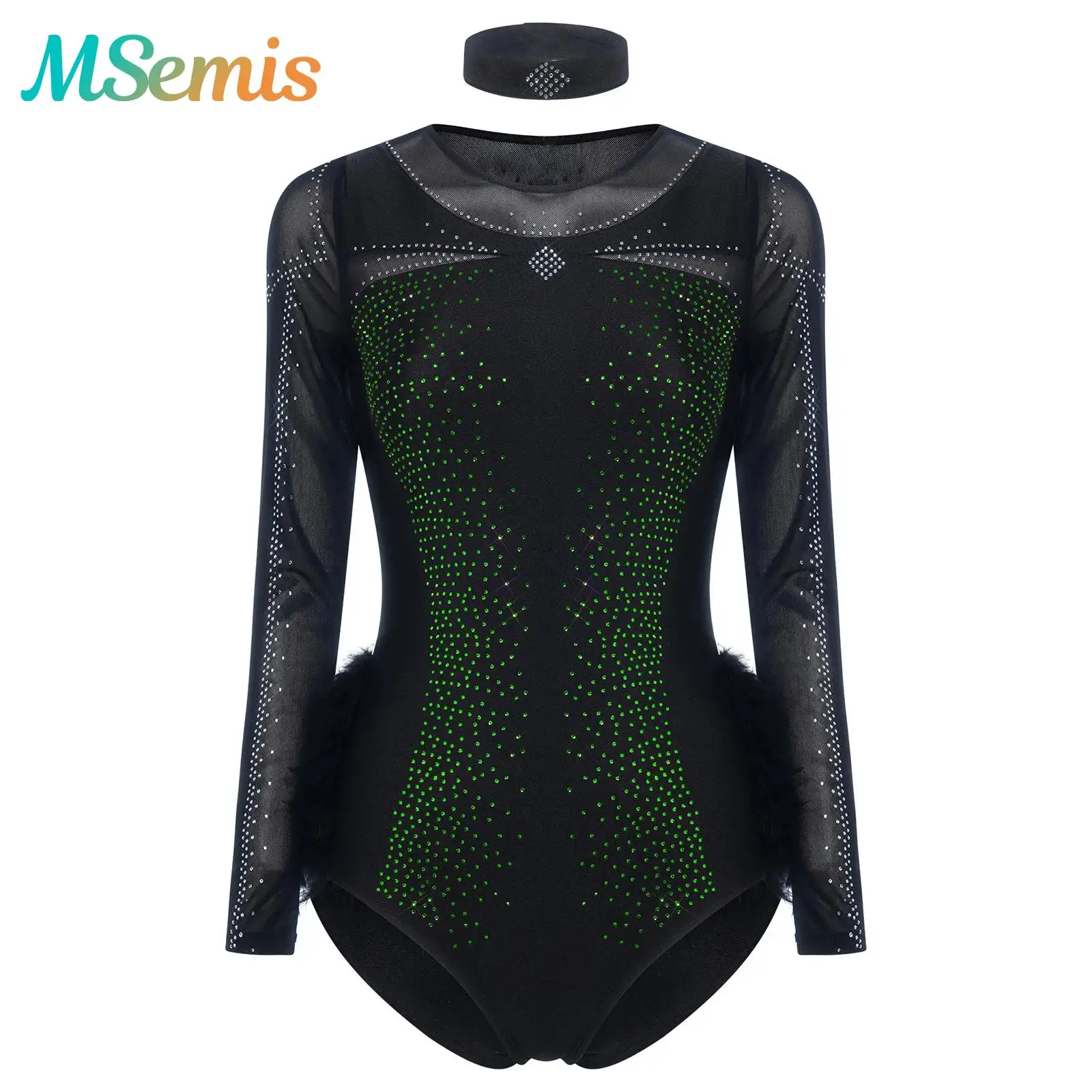 

Womens Glittery Rhinestone Gymnastics Ballet Latin Dance Performance Costume Buttoned Crotch Leotard Bodysuit with Collar