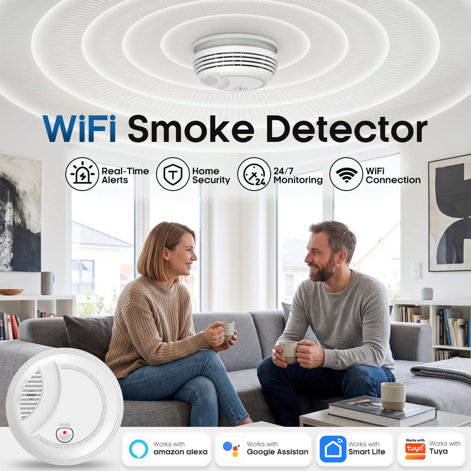 Tuya WiFi Smoke Detector 10-Year Sensor Lifespan Smart Fire Alarm Monitor Sound Alert Home Security APP Remote Control