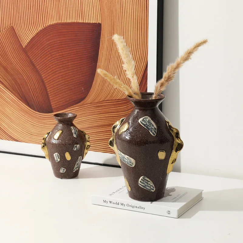 New Chinese light luxury abstract golden ear coarse sand ceramic vase sales office living room entrance desktop art flower ornam