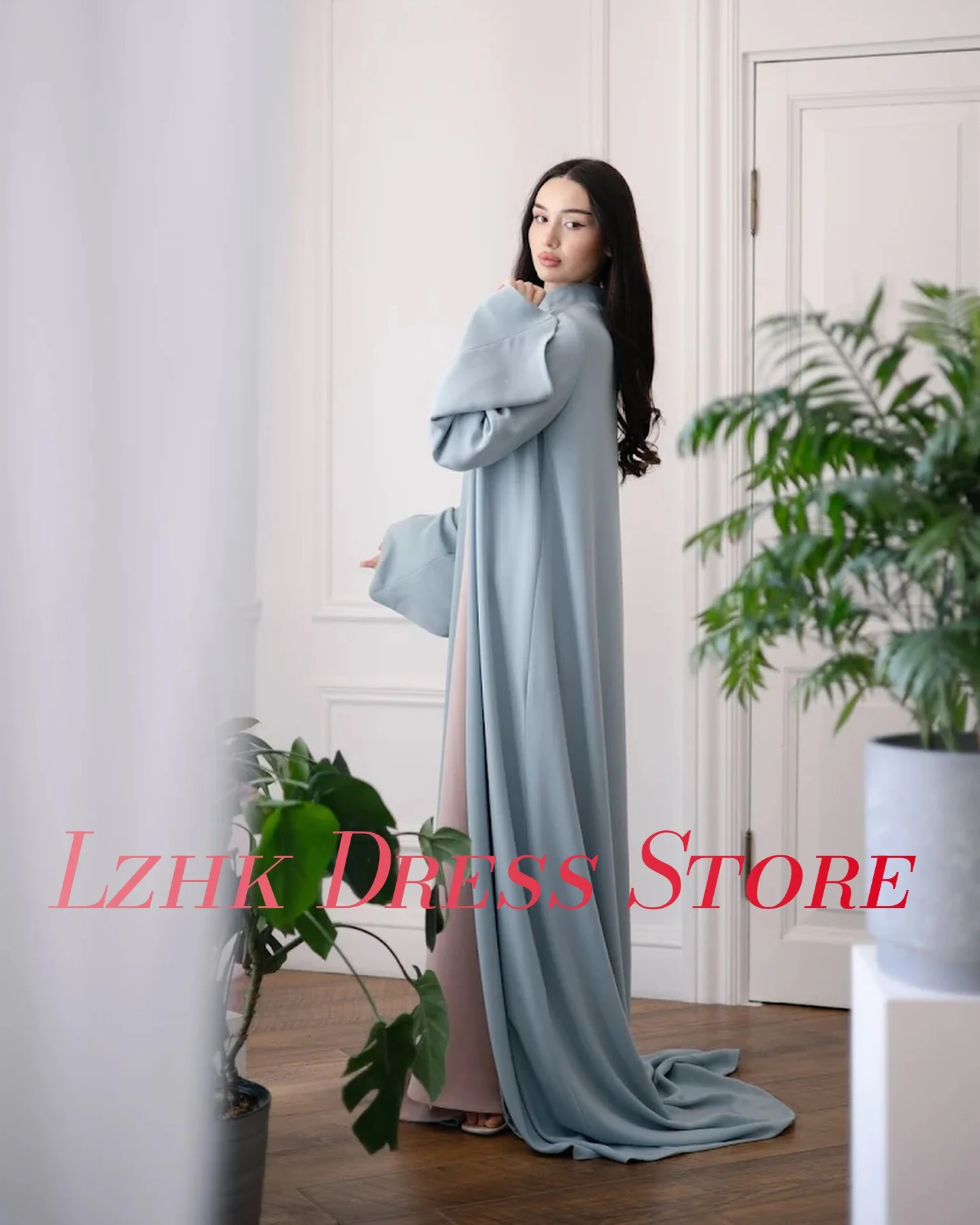 Gaun Malam A-Line Jersey Anggun Kustom Gaun Acara Khusus Panjang Lantai Kerah Tinggi Lengan Panjang Temperamen