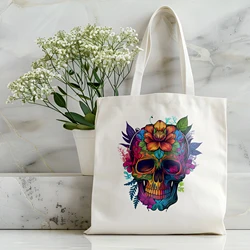 Skull Head Flower Shopping Bag Women's Large Capacity Shopping Bag Harajuku Eco friendly Cotton Handbag Student Bag