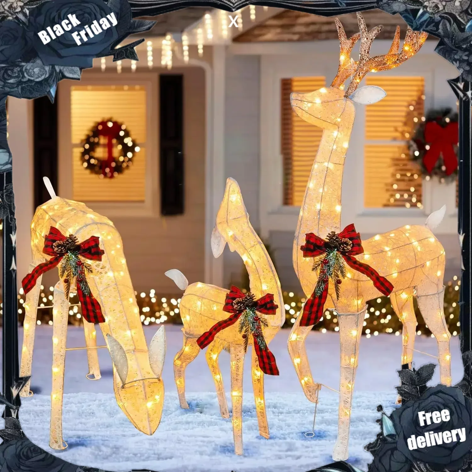 3-Piece Pre-Lit Christmas Reindeer Family Set, 3D Plug in 170 Count Warm White Lighted Christmas Decoration Outdoor