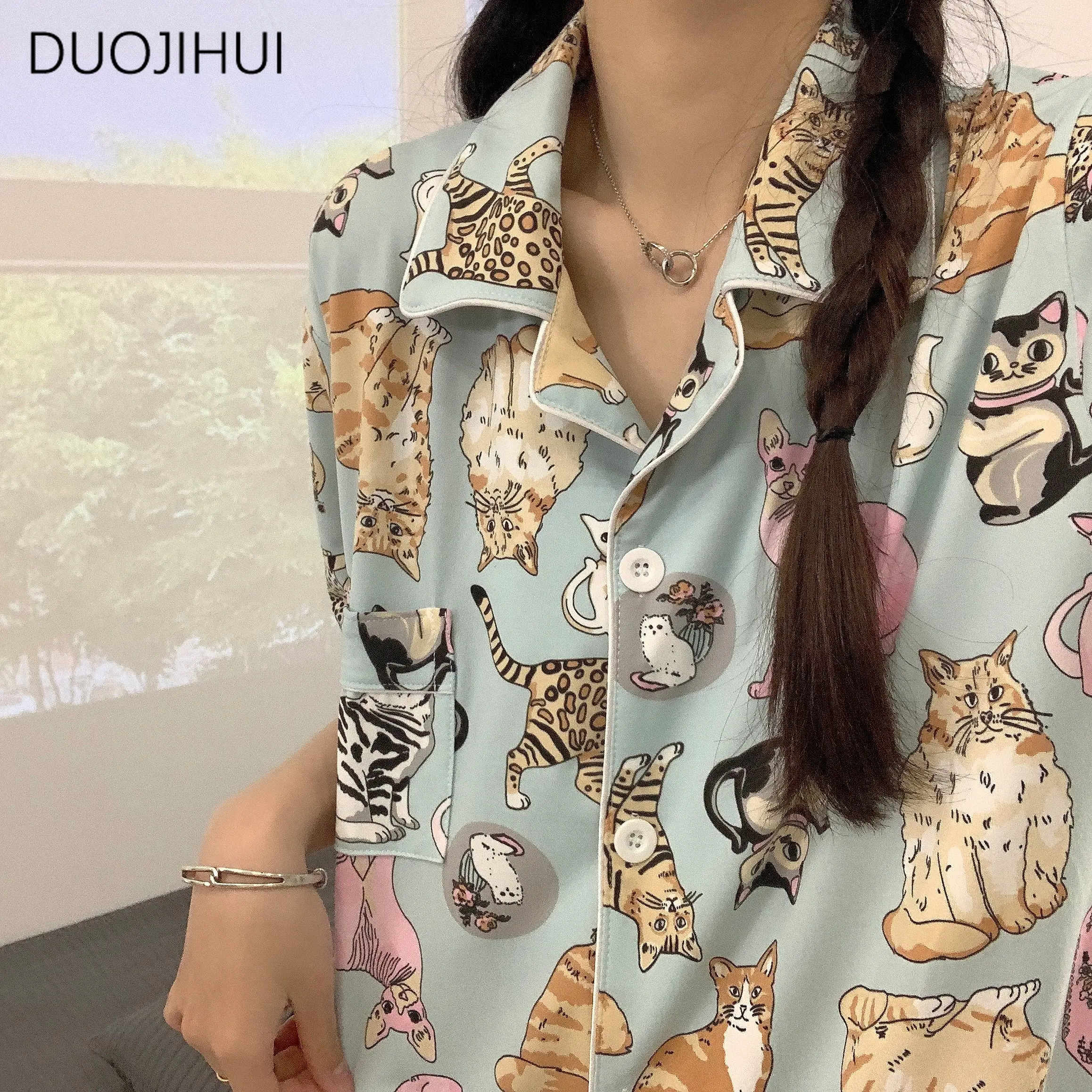 DUOJIHUI Ins Two Piece Chic Printing Female Pajamas Sets Basic Button Cardigan Simple Pant Fashion Casual Home Pajamas for Women