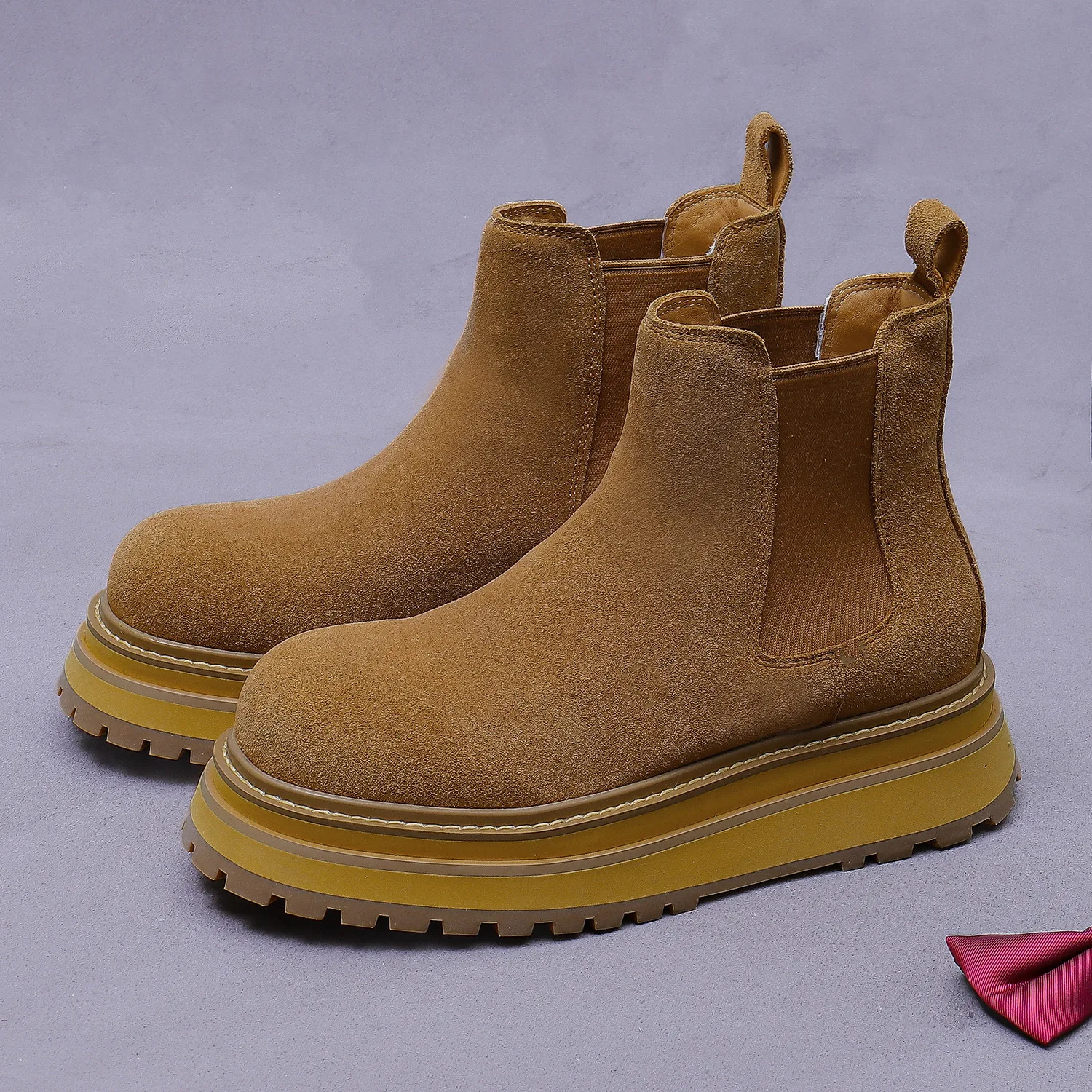 

YETTIES Men's New Retro Chelsea Boots, Mid-High Suede Combat Style with Chunky Platform & Brushed Finish, Casual Ankle Boots