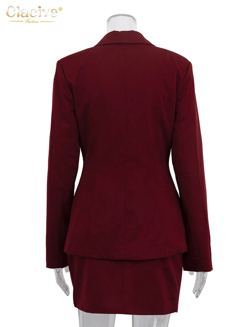 Clacive Fashion Slim Wine Red 2 Piece Sets Women Outfit 2025 Elegant Long Sleeve Blazer With High Waist Mini Skirt Set Female