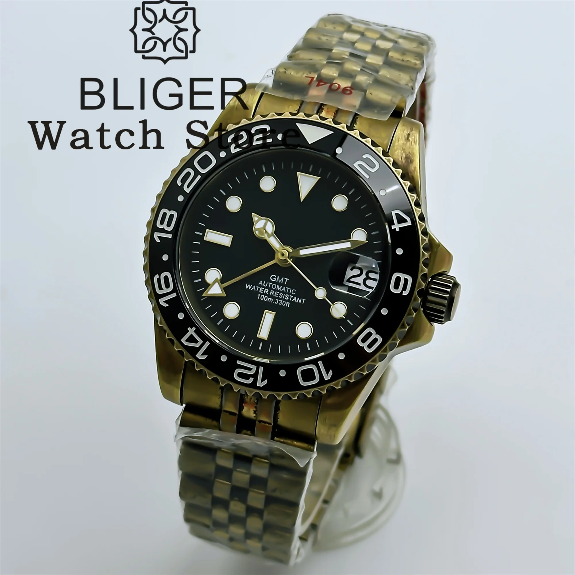 BLIGER 40mm Solid Bronze Watch For Men NH34A Automatic GMT Function Black Dial Sapphire Glass Bronze Bracelet Deep Waterproof