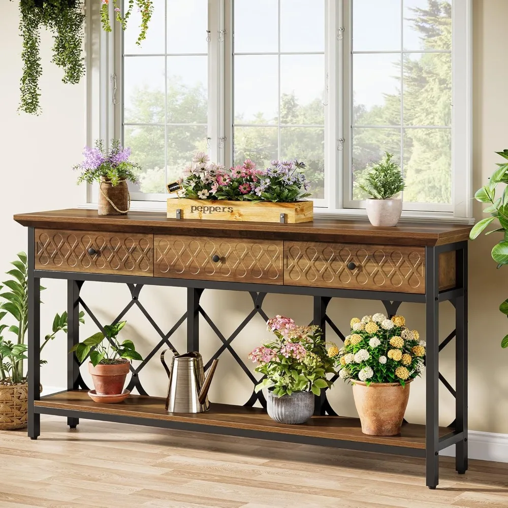 70.86 طاولة أريكة طويلة جدًا مع 3 أدراج، طاولة مدخل ضيقة صناعية من طبقتين خلف الأريكة