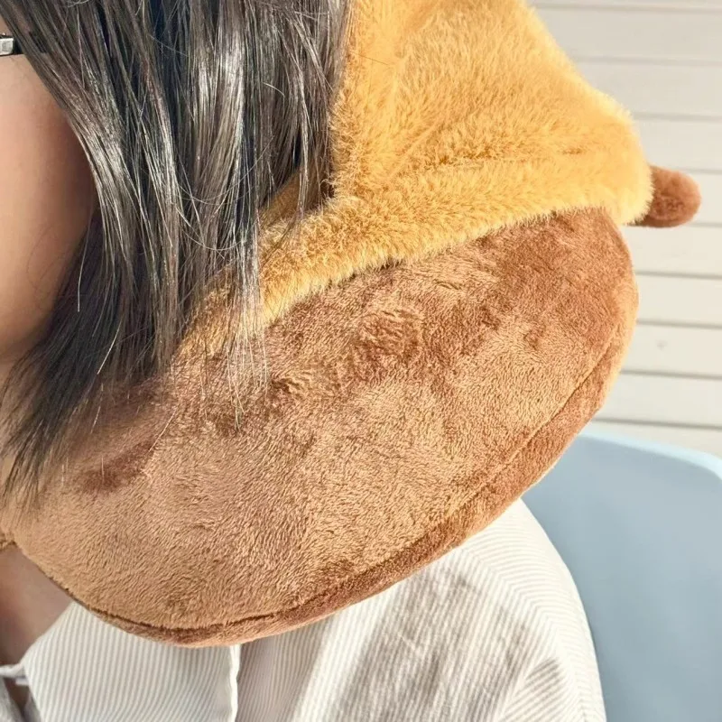 Rilakkuma – oreiller cervical en peluche à capuche en forme de U, doux et moelleux, compagnon de voyage pour la chaleur, cadeau de sieste au bureau d'hiver