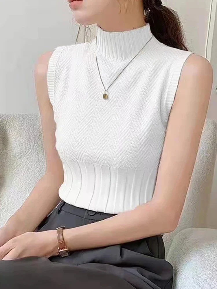 Women Summer Casual Knitted Tank Tops Solid Sleeveless Half High Collar Slim Base Shirt Sexy Top Knitwear Y2k High Street