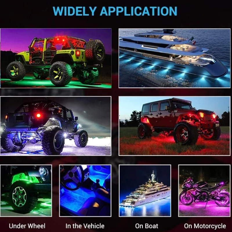 12V 9LED RGB LED Rock Lights Chassis Light APP + RF Dual Control Off-Road Vehicle Atmosphere Light Car Bottom Lamp (6/8/12 Pod)