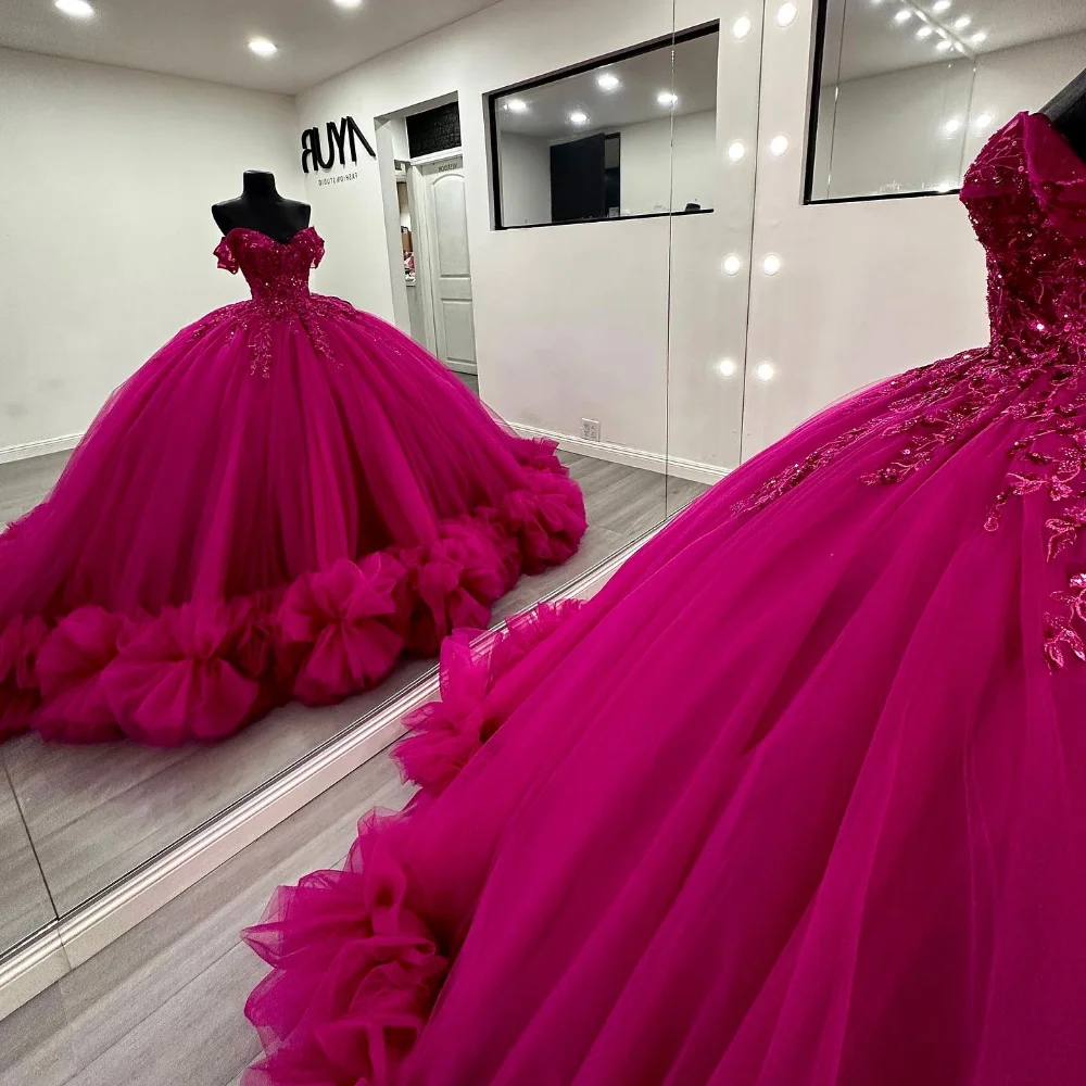 Fuchsia Tulle Evening Dresses Delicate Appliques Long Formal Prom Party Dress Ruffles Trimmed Gown