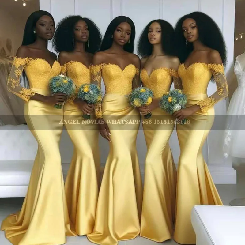 

Long Sleeves Yellow Mermaid Bridesmaid Dresses African Girls Off Shoulder Wedding Party Maid Of Honor Dress vestido de festa