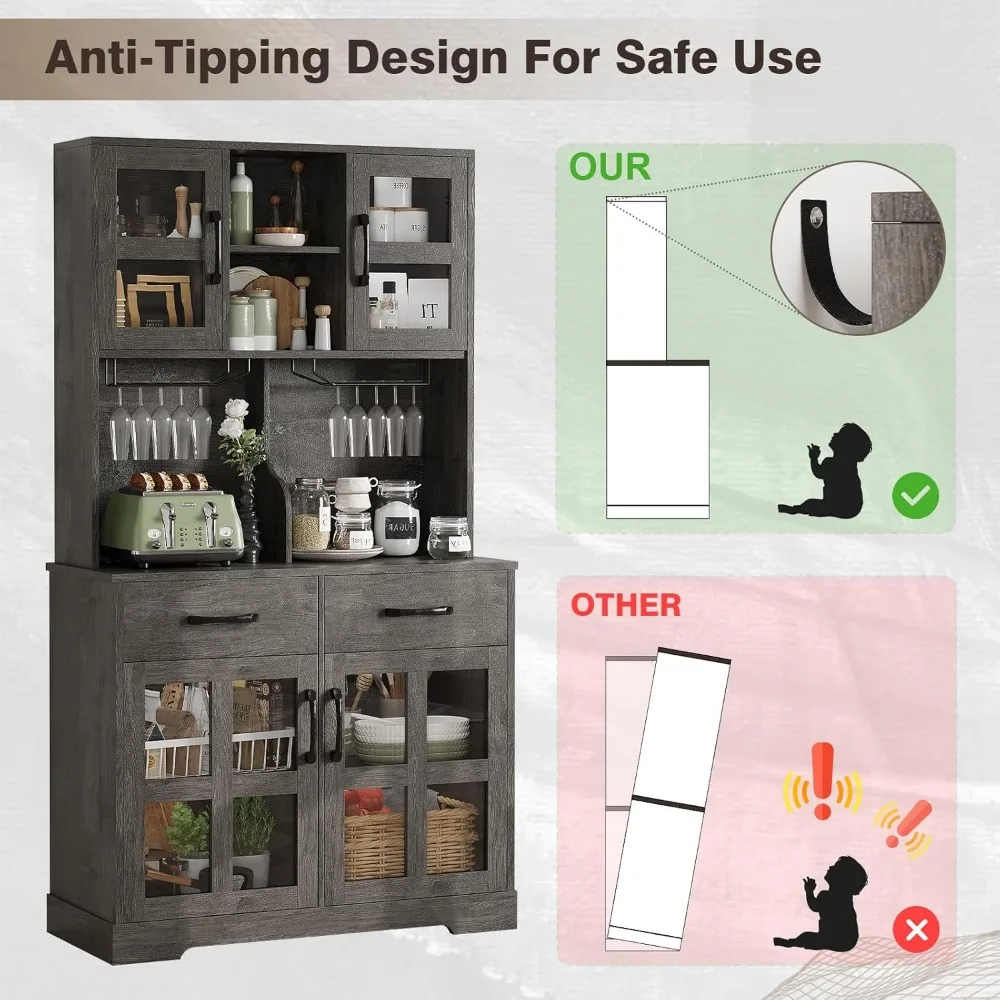 Armoire de garde-manger de cuisine, clapier de cuisine autoportant de 71 pouces avec prise de courant, armoire de bar à vin avec 10 supports à vin, cabine de garde-manger alimentaire