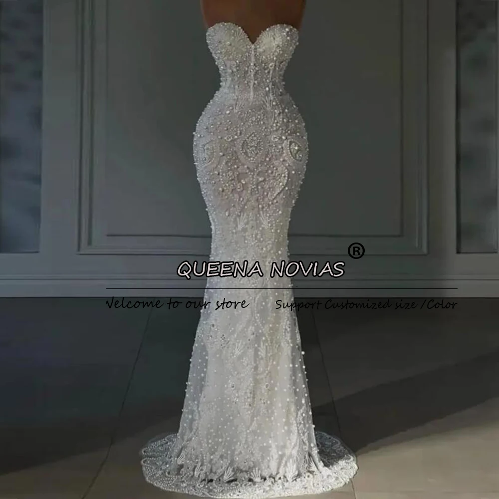 우아한 진주 장식 머메이드 웨딩드레스 스트랩리스 웨딩드레스 아플리케 비즈 장식 맞춤형 민소매 신부 드레스 베스티도 노비아스