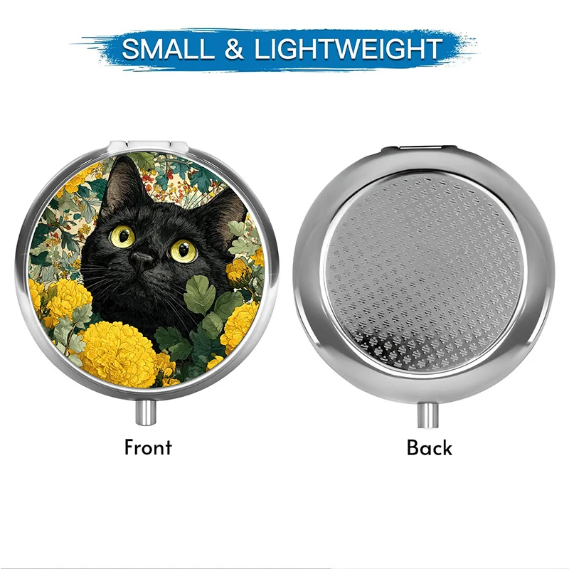 1 Medicine Box with 3 Compartments, Floral Black Cat Themed Mini Medicine Box, Medication Storage Box, Decorative Vitamin Storage Box, Suitable for or Near a Wallet