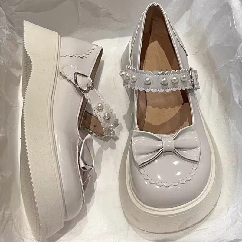 Sweet Cute Bowknot Platform Mary Janes Women Round Toe Pearl Ankle Strap Lolita Shoes Woman 2024 New Patent Leather Lovely Pumps