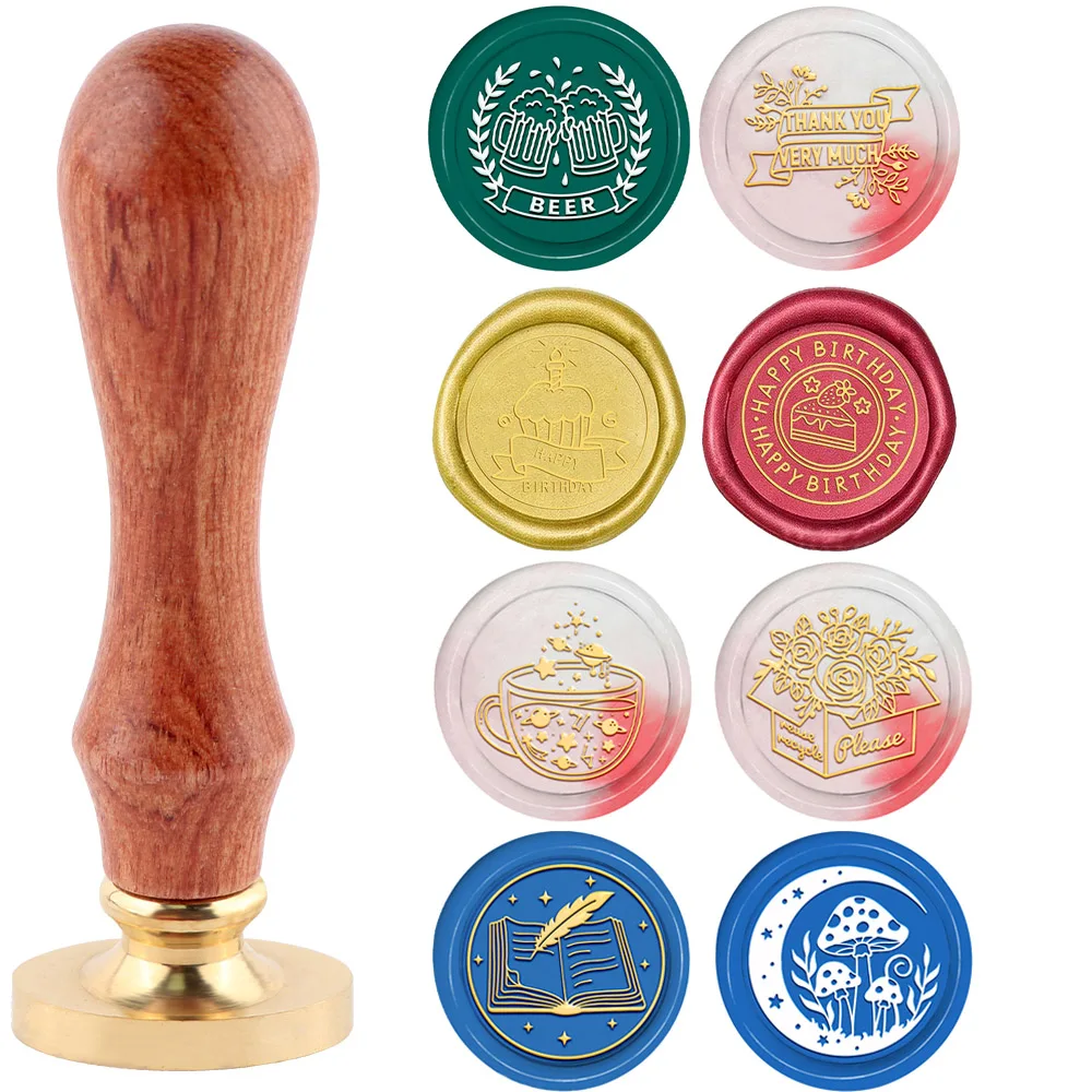 

2 pack Happy Birthday Cake Brass Wax Seal Stamp Head with Wooden Handle Sealing Wax Stamp Head for Wedding Decorative Invitation