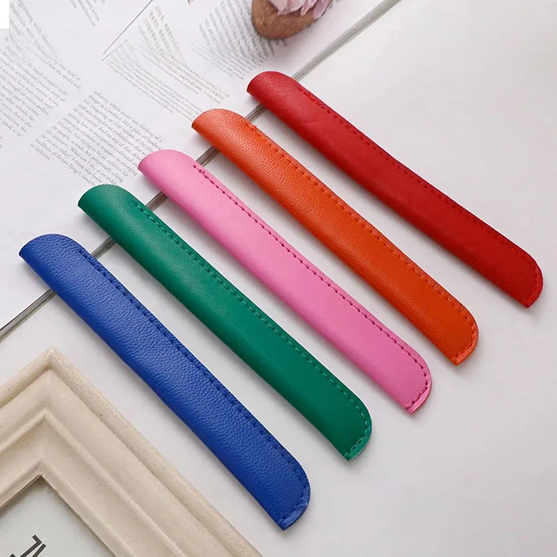 5pcs Business Portable Pen Bag Creative Personality Gel Pen Protective Cover Simple Solid Color Leather Pencil Case Stationery