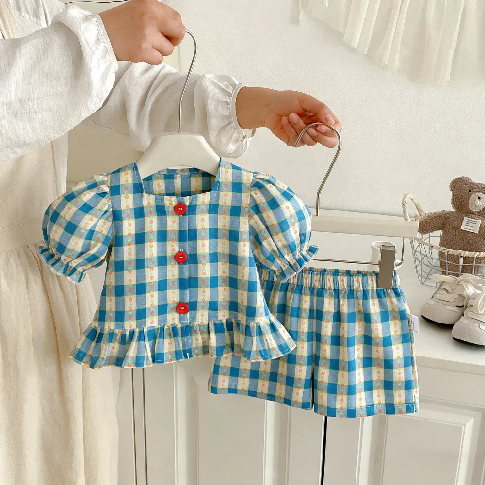 Kinder-Set Sommer Kariertes Blumenmuster Süßes Top und Shorts Mädchen-Set Süßes Strand-Freizeit-Set Baby-Mädchen-Kleidung ﻿