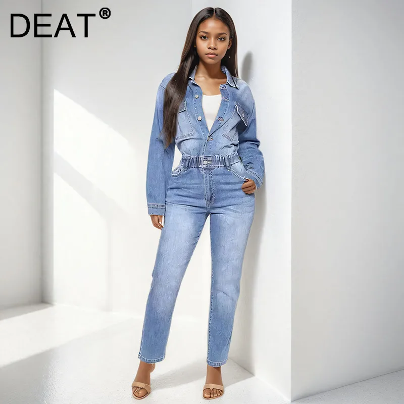 DEAT 2024 Winter New Arrival V-neck Single Breasted Denim Jumpsuits For Women Fashion Blue Elastic Rompers Female 33A2309