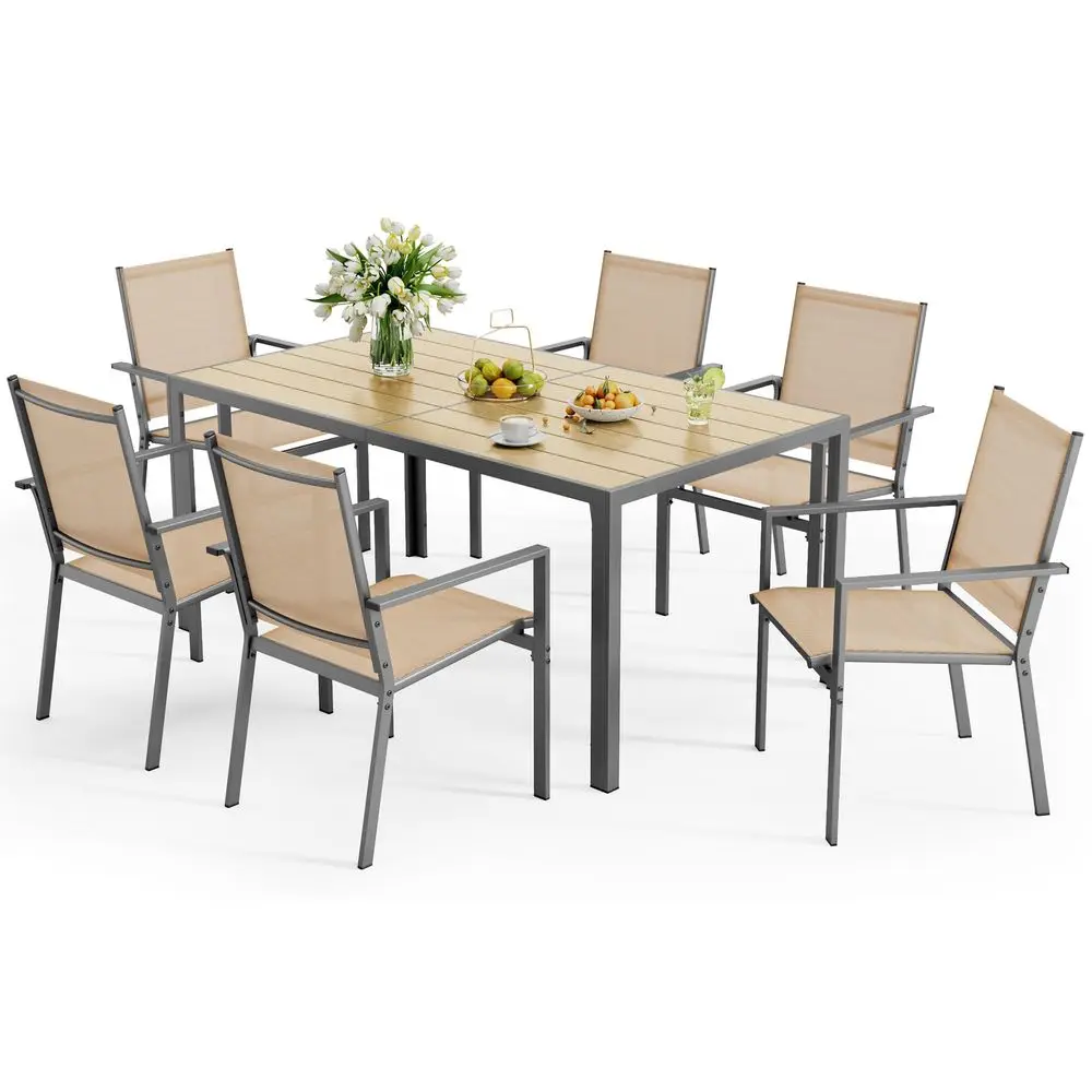 

Patio Table and Chairs Set for 6, Outdoor Dining Set Includes 59.5 Rectangle Patio Table with Side Umbrella Hole and 6 Textilen