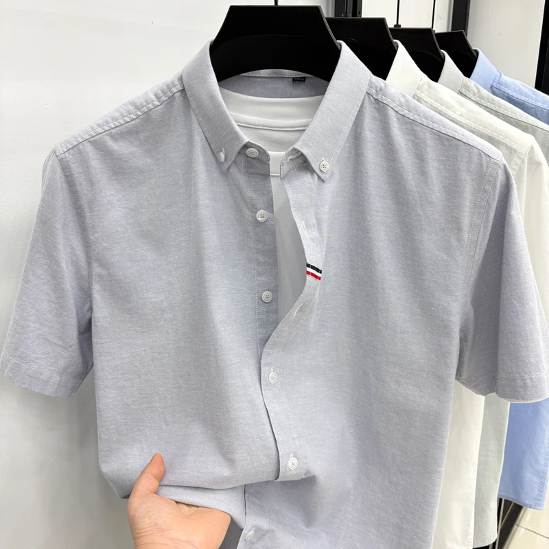 

High End Pure Cotton Shirt Men's Short Sleeved Solid Color Versatile Casual Shirt Men's Youth Summer Top