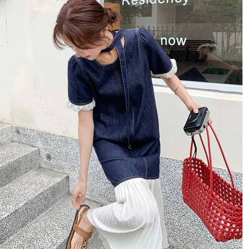 French Chic Patchwork Denim Dresses for 2026 Summer New Mermaid Lady Vestidos Elegant Jeans Female Robe Clothes KE581 - view 4