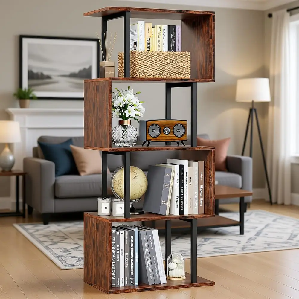 

5-ярусная S-образная деревянная книжная полка - коричневая винтажная стеллажная система для хранения и демонстрации для дома, офиса и гостиных комнат