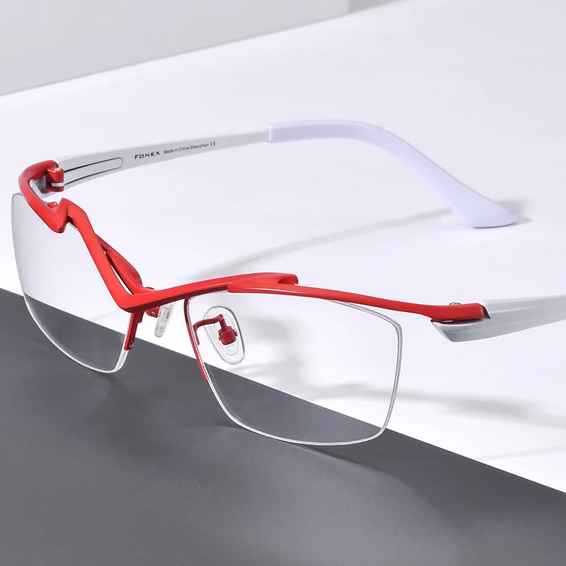 FONEX Pure Titanium Eyeglasses Frame Men Brand Deisgn Semi Rimless Square Glasses Ultralight Half Rim Japanese Eyewear 85763