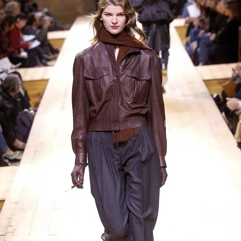 سترة نسائية جديدة للربيع والخريف من الجلد الطبيعي بنمط ليتشي من جلد الغنم عالية الجودة وطول قصير وجيب كبير #6