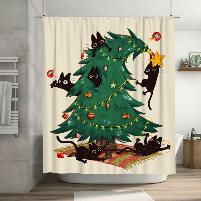 Christmas Shower Curtain with Cats Playful on Tree Design, Includes 12 Hooks, Waterproof Polyester Fabric, Machine Washable, Wat