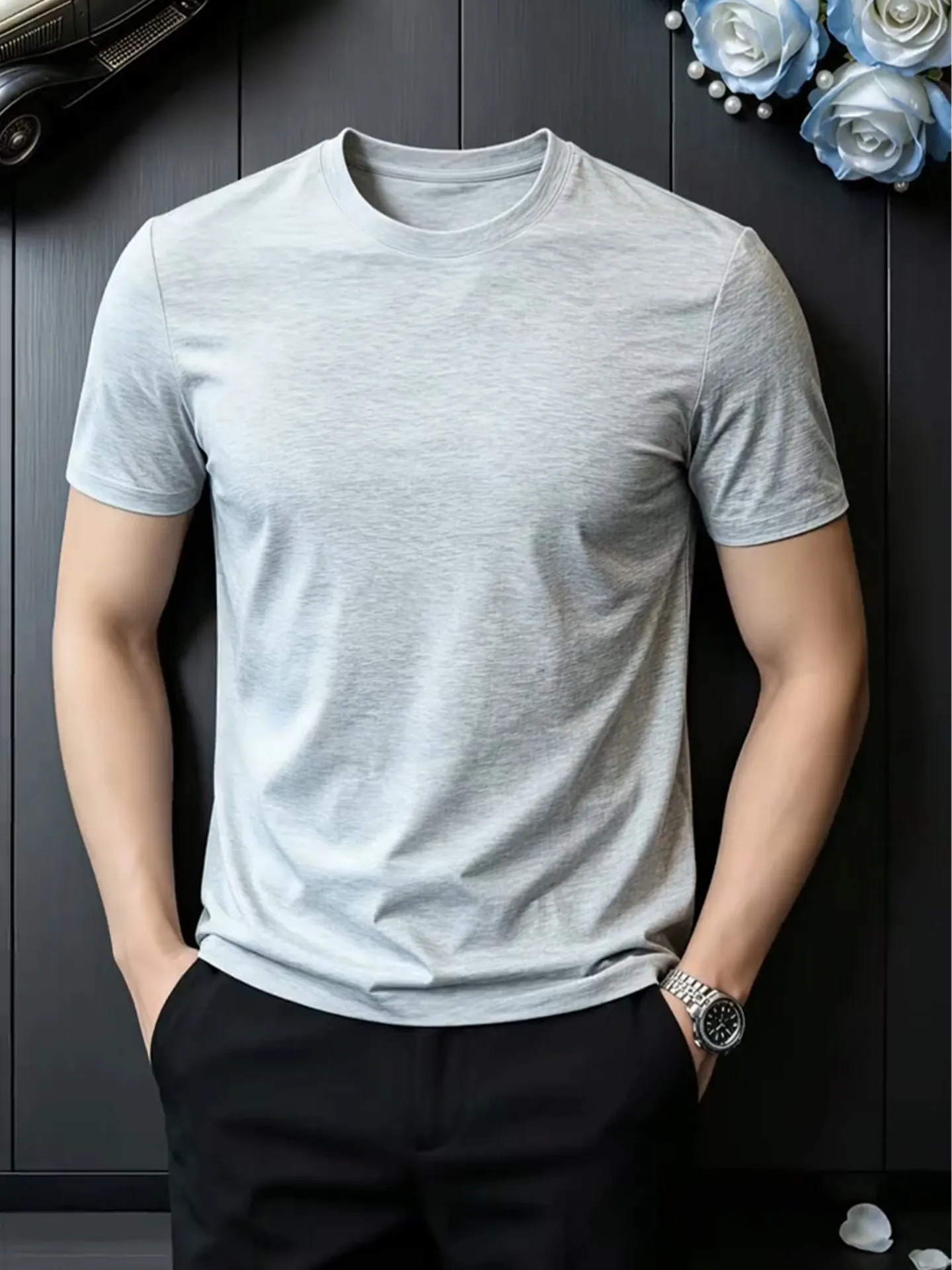 Black Slim Fit Cooling Shoulder Width Short Sleeve Men's Fitness T-Shirt Sleeve Opening Muscle Definition Half Sleeve T-Shirt