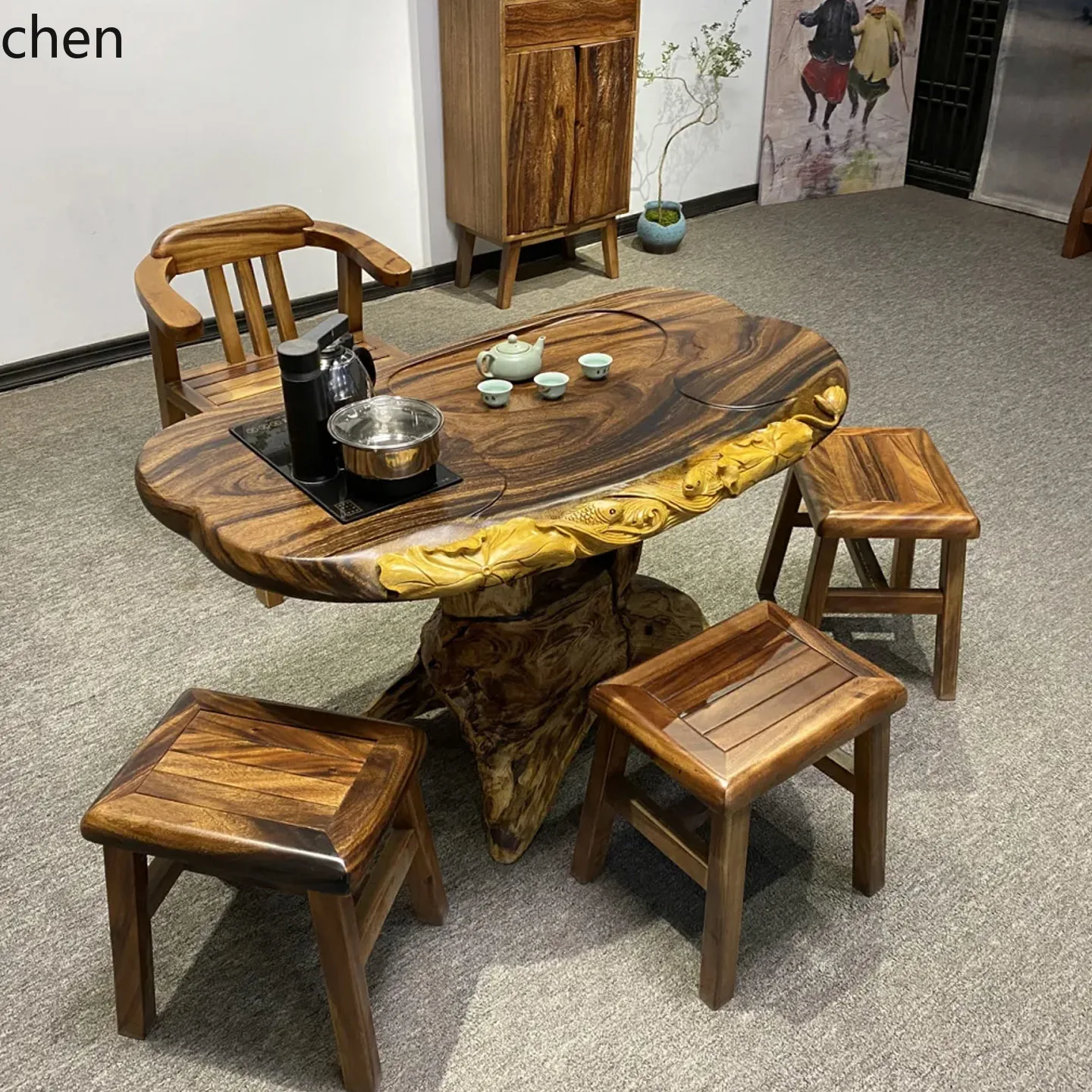 

LXC walnut root carving sea solid wood tree root tea table wood carving tree stump tea table root carving coffee table
