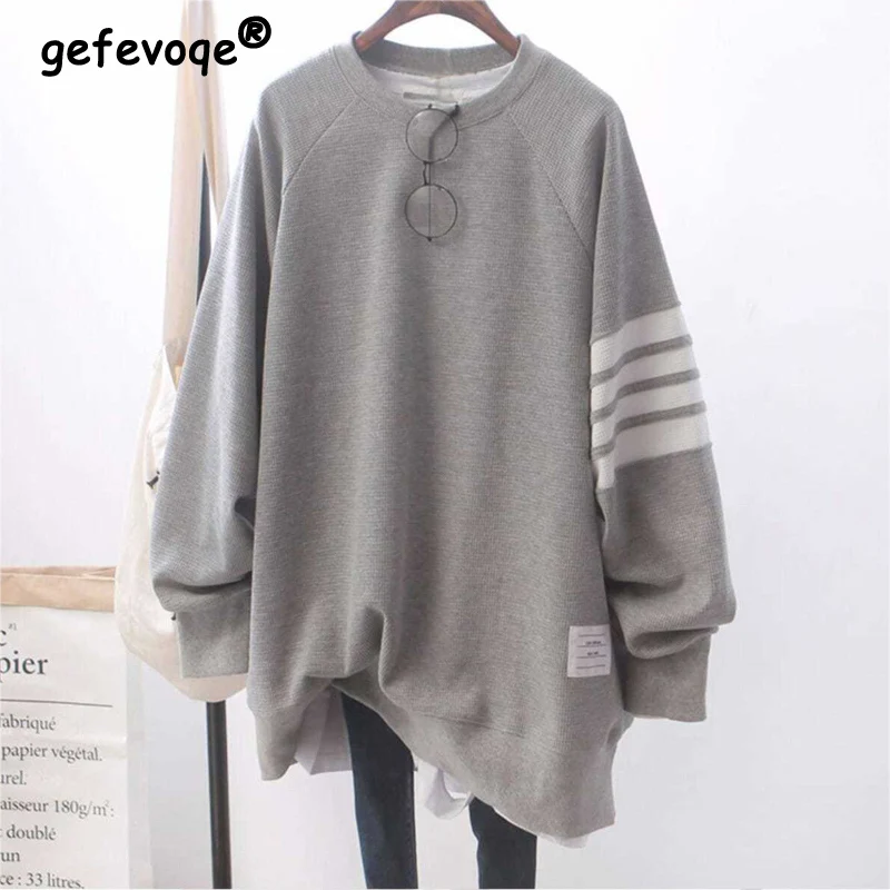 Plus Size Women Clothing 2022 Spring Autumn Korean Preppy Style Striped Long Sleeve Streetwear Oversize Sweatshirt Pullovers Top