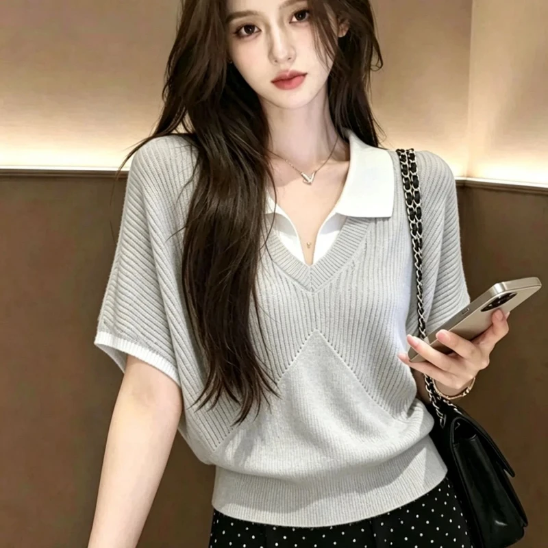 Neck Contrast Patchwork Two Ice Silk Korean Tops Women Clothes Thin Short Sleeve Trend T Shirts Elegant Fashion Summer